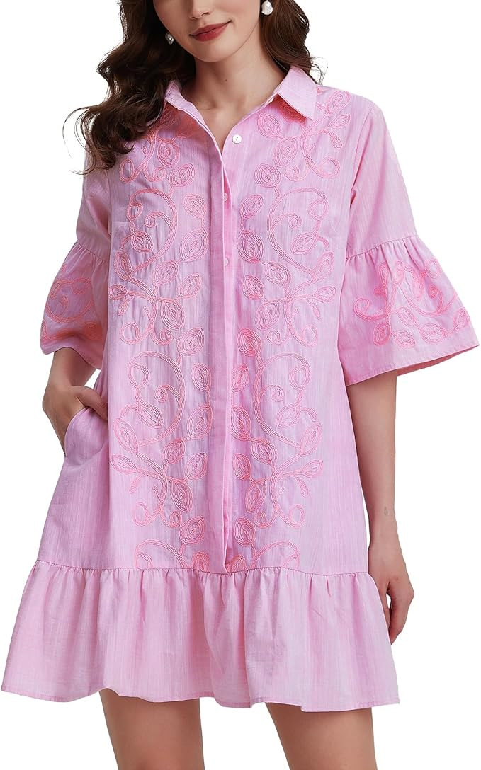 Kedera Women's Summer Button Down Shirt Embroidered Dress Ruffle Sleeve Shift Mini Dresses with P... | Amazon (US)