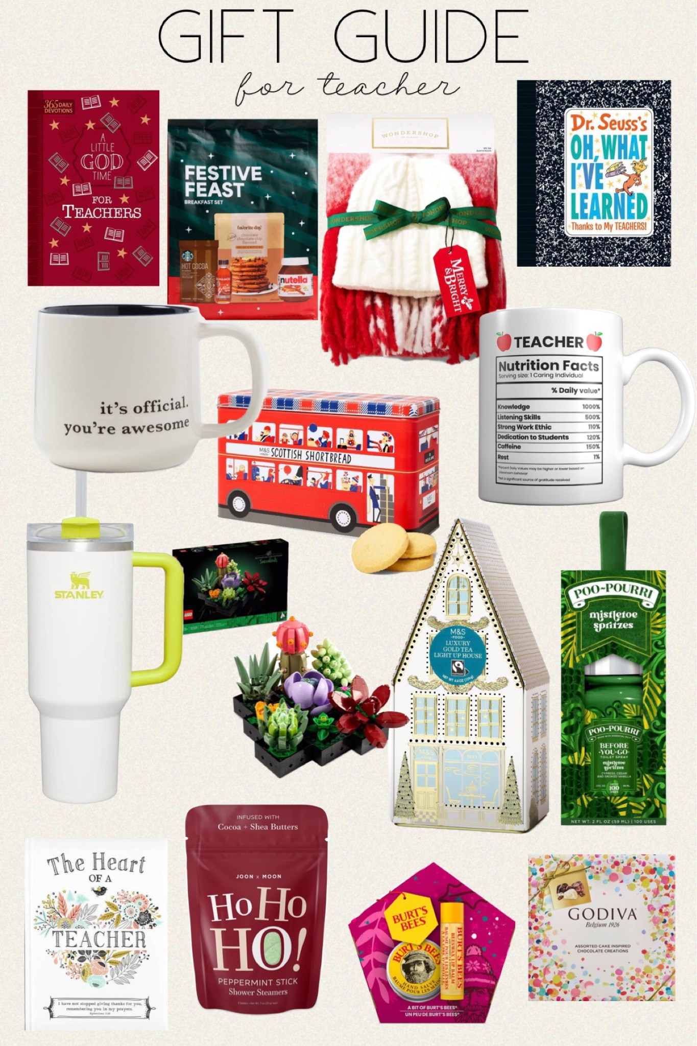 Gift Guide for Teacher / Christmas Gift ideas for Teacher / The Hearth of Teacher Book / Dr. Seuss Oh, What I learned Thanks To my teacher / Light Autumn 11oz Gift Cup Teacher Nutritional Facts Mug / A Little God Time for Teachers (Gift Edition) / 16oz Stoneware You're Awesome Mug
Cream - Threshold™ / LEGO Icons Succulents Plants and
Flowers Home Décor 10309 / M&S Scottish Shortbread Biscuit Bus Tin / M&S Luxury Gold Tea Light Up Tin / Stanley 4 oz Stainiess steel Hz.U
FlowState Quencher Tumbler / Ho Ho Ho Shower Steamer / Merry Morning Christmas Kit / Wondershop Scarf and Beanie Set / Burt's Bees A Bit of Burt's Beeswax Lip Balm Gift Set - 3ct / Mistletoe Spritzes 2oz Before-You-Go
Toilet Spray - Poo-Pourri

#giftguide #gabrielapolacek #stanley #target #mug #beanie #book #beanie #marksandspencer #m&s #christmas #holiday 

#LTKGiftGuide #LTKHoliday #LTKSeasonal