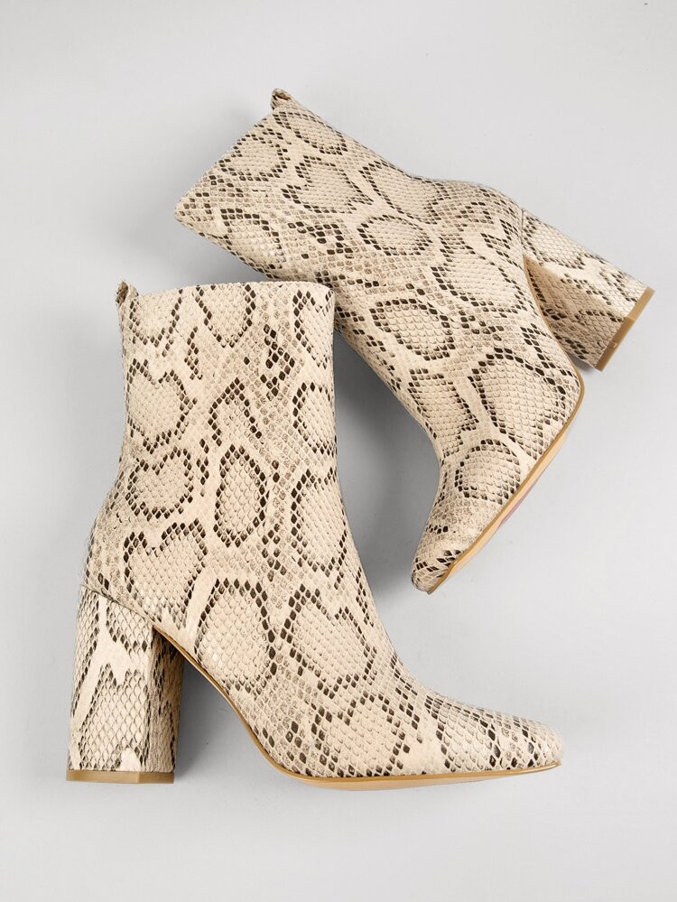 Faux Snakeskin Leather Zip-Up Block Heel Boots | SHEIN