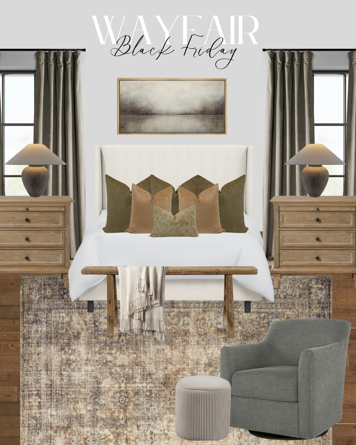 If you love warm neutrals, timeless wood tones, and cozy textures, this whole look is built from sale pieces — bed, rug, nightstands, curtains, lamps, pillows, bench, and swivel chair.Everything is linked for easy shopping so you can recreate this elevated, calming bedroom on a budget this Black Friday.#BlackFridayDeals #WayfairFinds #BedroomMakeover #NeutralHome #CozyBedroom #HomeDecorSale #WayfairSale #BedroomInspo #HomeDeals #LTKHome #LTKSale #LTKBlackFriday

#LTKCyberWeek #LTKHome #LTKSaleAlert