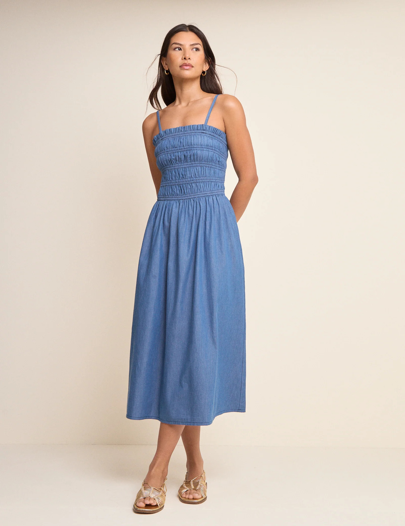 Mid-Wash Denim Shirred Faith Midi Dress | Nobody's Child
