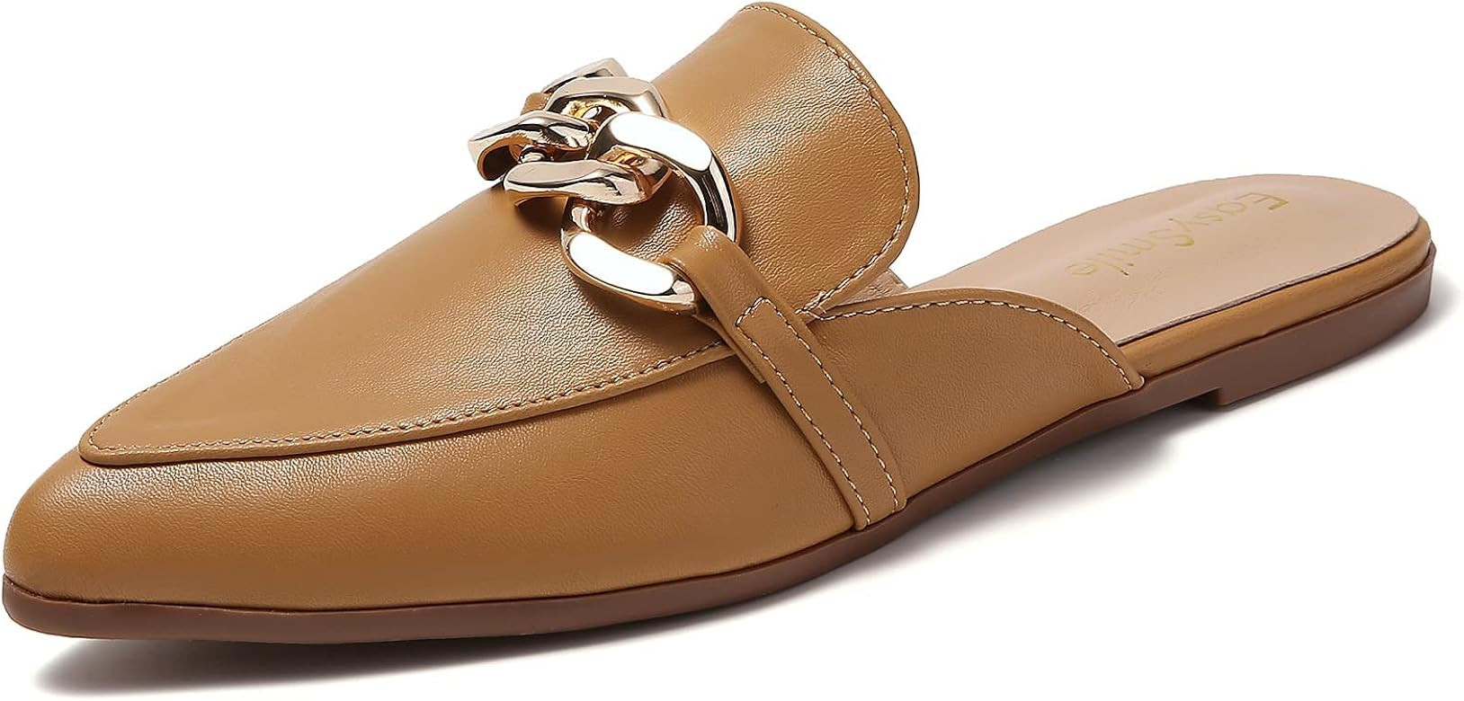 EasySmile Metal Chain Decor Flat Mules for Women Closed Pointed Toe Slip on Loafers Slides Backless  | Amazon (US)