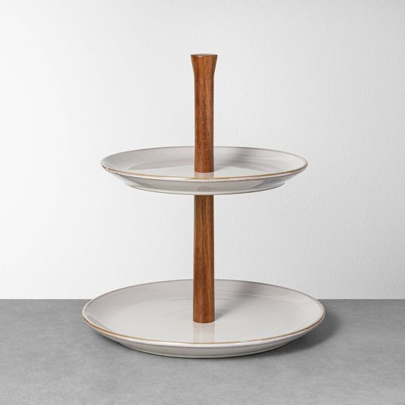 Glazed Round Ceramic & Wood Tiered Serve Stand Gray - Hearth & Hand™ with Magnolia | Target