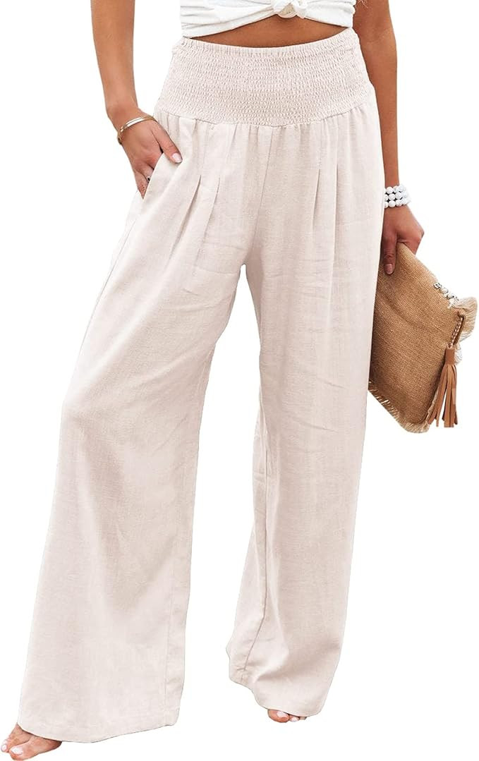 Women Linen Pants Elastic High Waist Wide Leg Palazzo Lounge Pants Casual Loose Beach Pants with ... | Amazon (US)