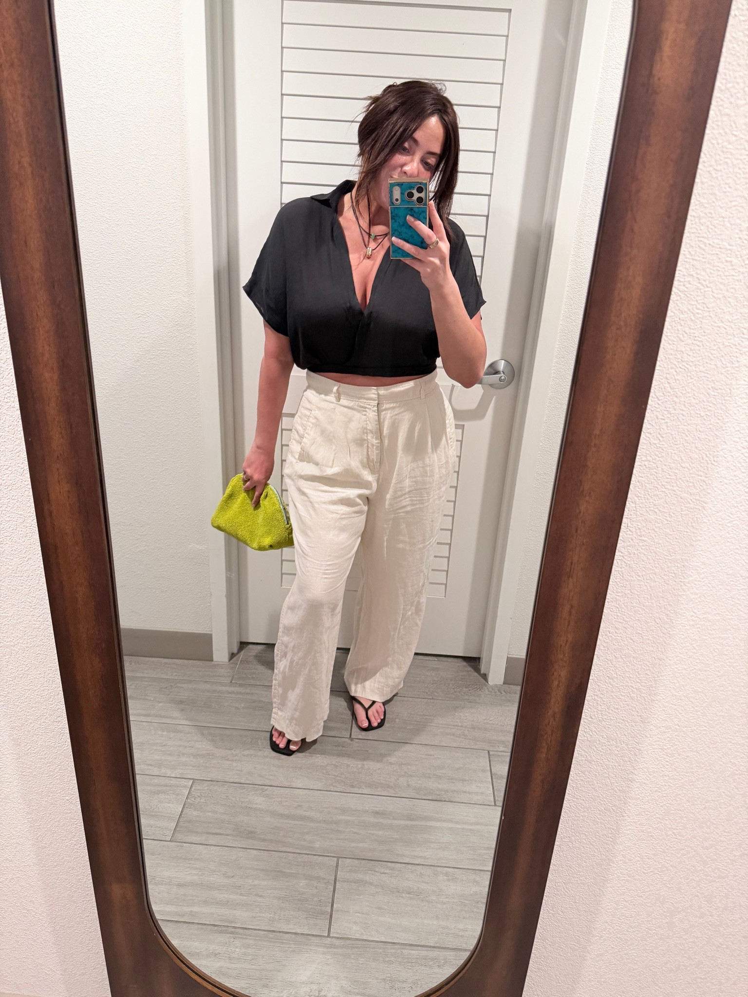 Pairing the top from my favorite Amazon set with linen pants and a pop of color from Courtney’s Reformation launch. Havana square toes are also a summer staple.