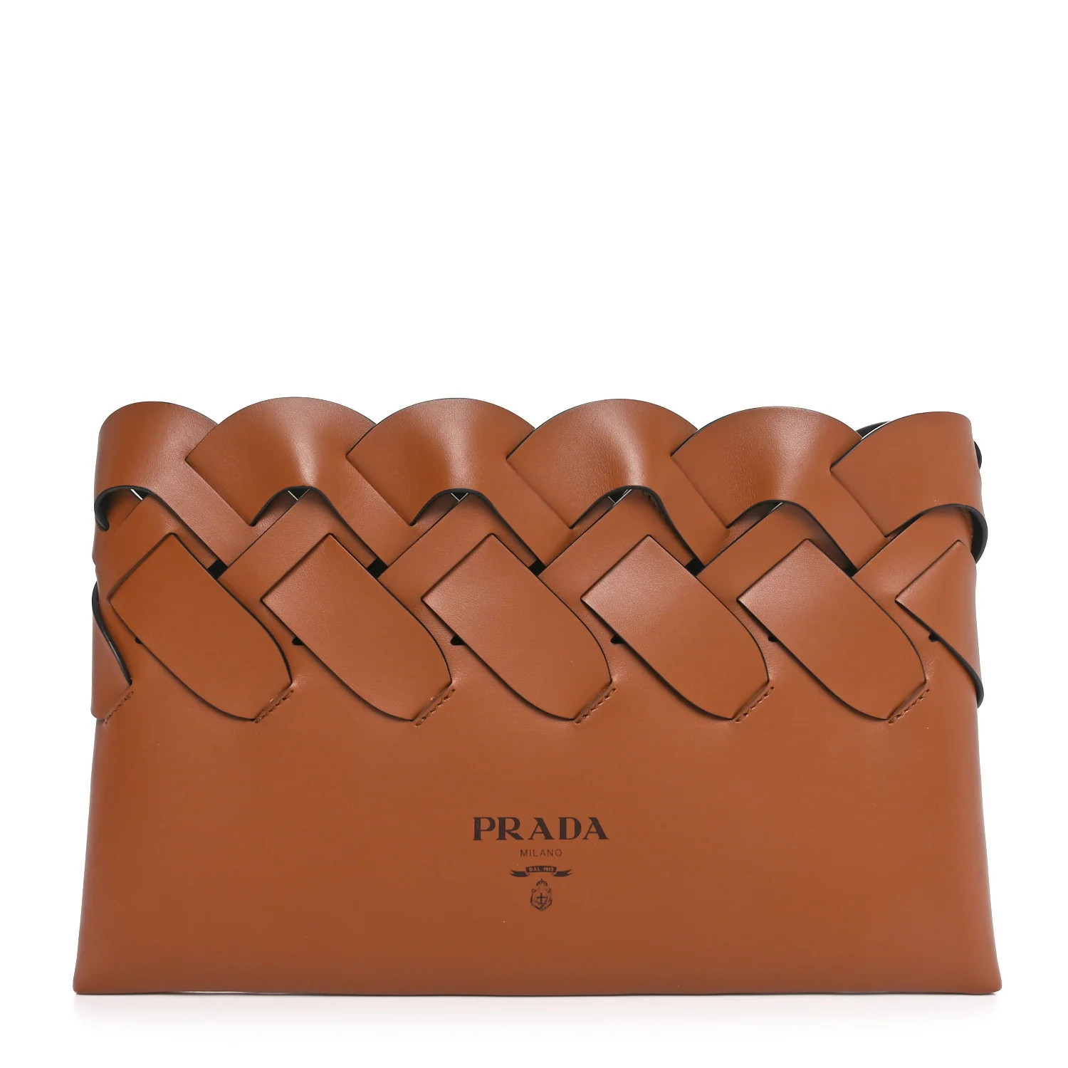 Vitello Intreccio Tress Clutch Cognac Black | FASHIONPHILE (US)