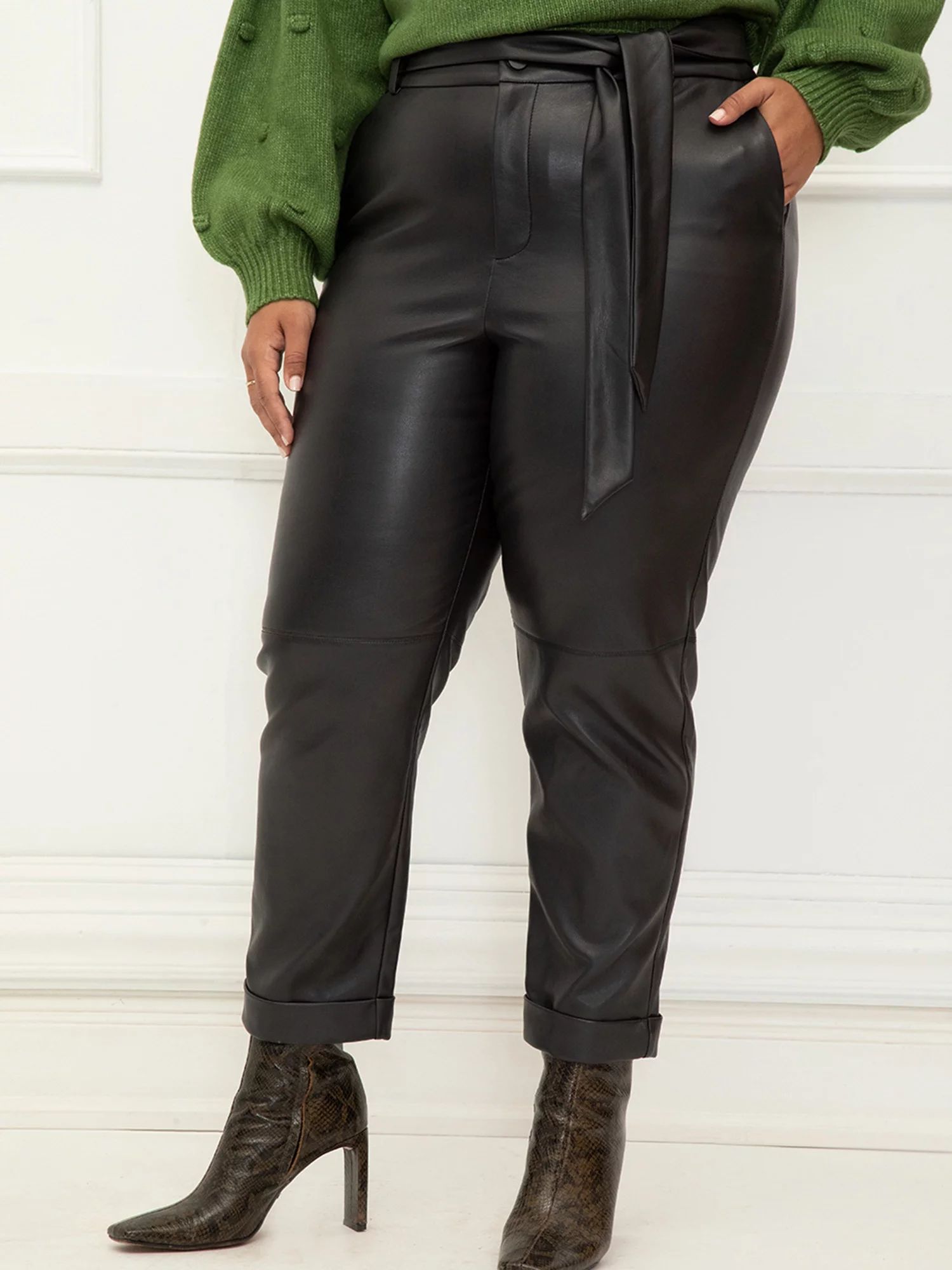 ELOQUII Elements Women's Plus Size Slim Faux Leather Pant With Tie - Walmart.com | Walmart (US)