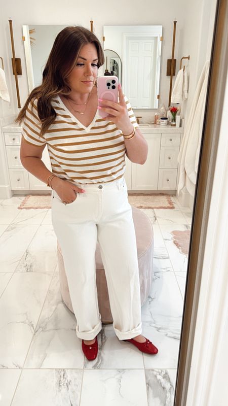 curvy casual spring outfit! wearing size large in beige and white striped tee and size 32 in white denim  

#LTKmidsize #LTKSeasonal #LTKfindsunder100