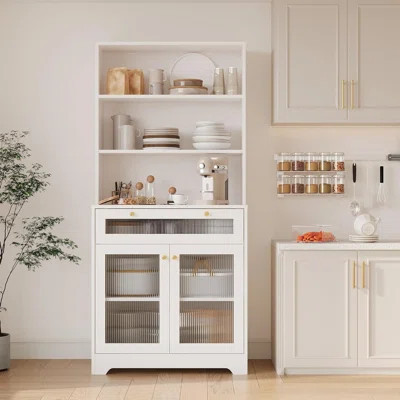 Kitchen Pantry Cabinet, 62 Inch Freestanding Hutch Cupboard with Large Countertop, Glass Doors, Drawer and Adjustable Shelves, Microwave Cabinet Stora | Wayfair North America