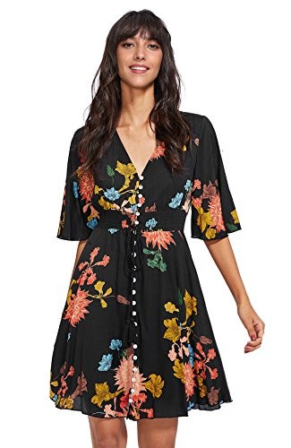 Milumia Women's Boho Button Up Split Floral Print Flowy Party Dress Small Short-Black | Amazon (US)