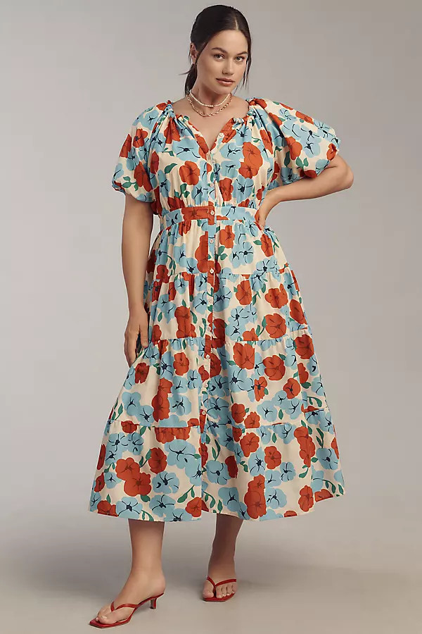 English Factory Plus Puff-Sleeve Tiered Floral Midi Dress | Anthropologie (US)