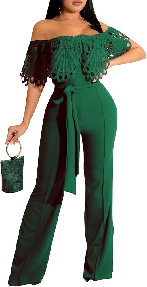 YouSexy Off Shoulder Jumpsuit for Women High Waist Wide Leg Long Pants Belted Romper Jumpsuits | Amazon (US)
