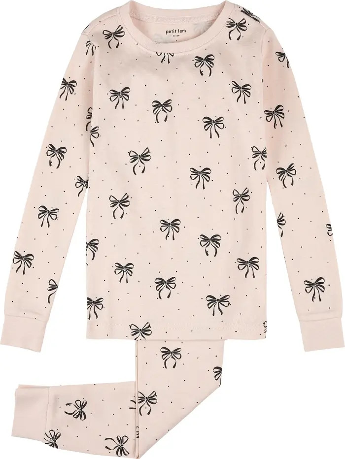 Kids' Bow Print Fitted Two-Piece Organic Cotton Rib Pajamas | Nordstrom