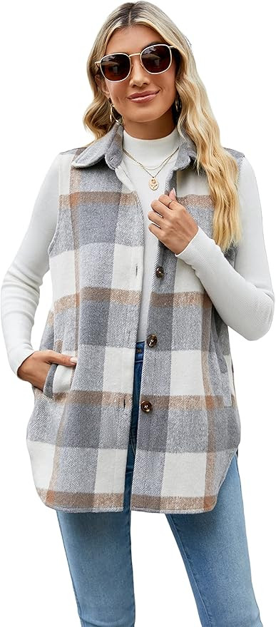 UANEO Womens Fall Flannel Plaid Vest Button Down Sleeveless Shirt Jacket With Pockets | Amazon (US)