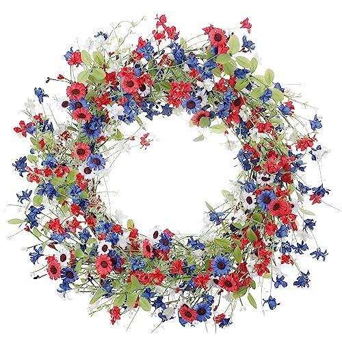 VioletEverGarden 4th of July Patriotic Wreaths for Front Door 22 Inch Red White Blue Flower Wreath Americana Floral Wreath Patriotic Decorations for Independence Day Memorial Day Flag Day Decor | Amazon (US)