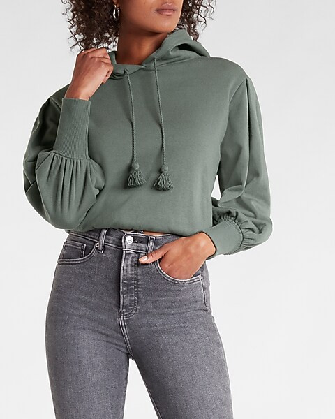 Balloon Sleeve Drawstring Tassel Hooded Sweatshirt | Express
