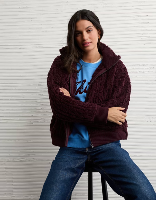 AE Cable Sherpa Full-Zip Sweatshirt | American Eagle Outfitters (US & CA)
