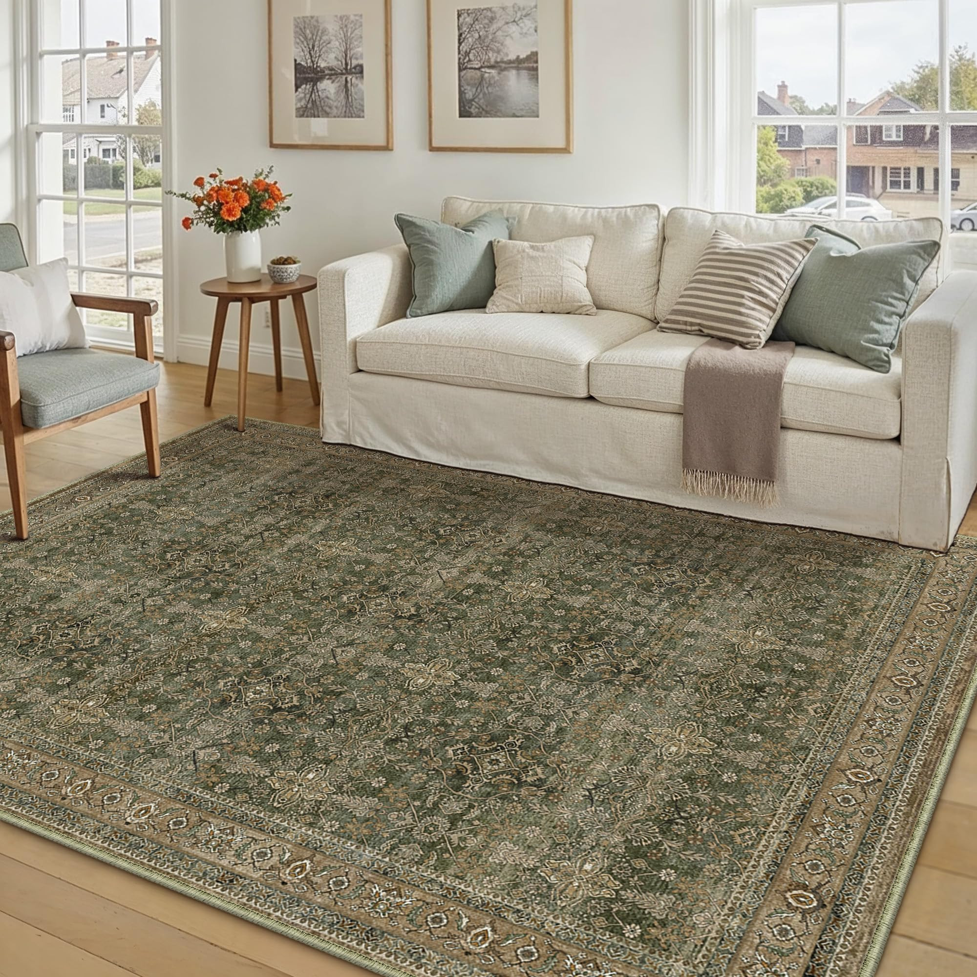 Area Rug 5x7 Green Brown Washable Vintage Living Room Carpetb Traditional Distressed Bedroom Indo... | Amazon (US)