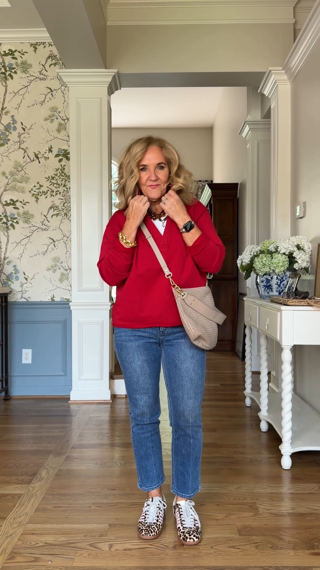 French Terry top size medium
I’m really pleased with the long sleeve T-shirt from Quince, but I do size up to a large
Jeans or a slim straight silhouette I’m wearing a 29 short
Super cute leopard sneakers with pink trim size down they only come in whole sizes

#LTKSaleAlert #LTKOver40 #LTKootd