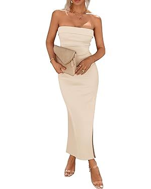 Pretty Garden Womens Summer Bodycon Maxi Tube Dress Ribbed Strapless Side Slit Long Going Out Cas... | Amazon (US)