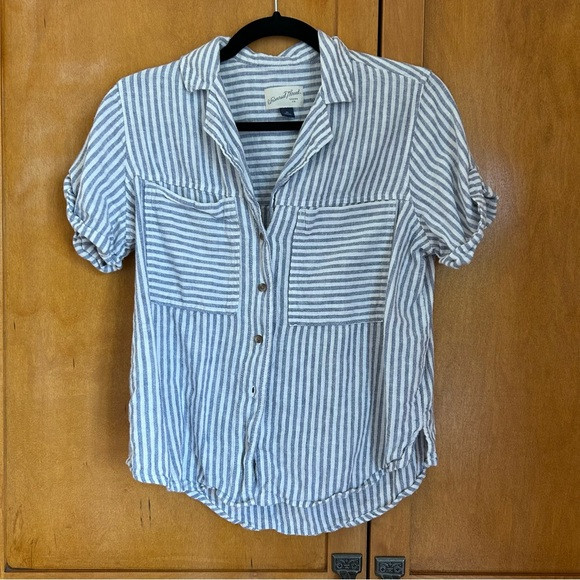 Blue and white striped short sleeve button up linen size extra small | Poshmark