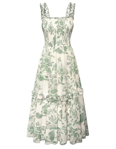 Green Dress Women Vintage Sundresses Smocked Ruffle Floral Easter Dress Green 2XL | Amazon (US)
