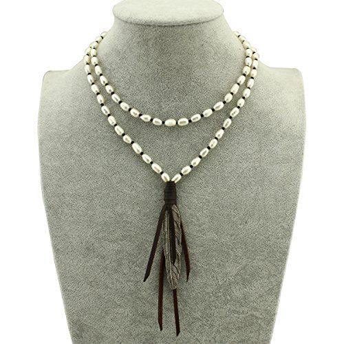 White Pearl Pendant Feather Necklace Wedding Long Beaded Tassel Necklace 31" | Amazon (US)