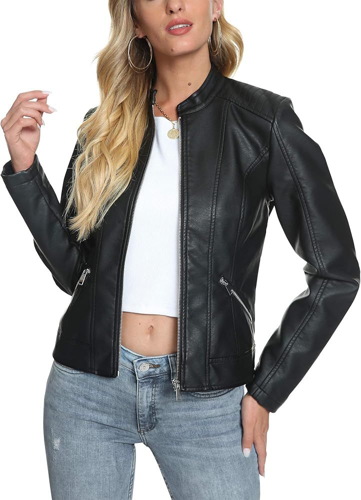 Fahsyee Women's Faux Leather Jackets, Zip Up Motorcycle Short PU Moto Biker Outwear Fitted Slim C... | Amazon (US)