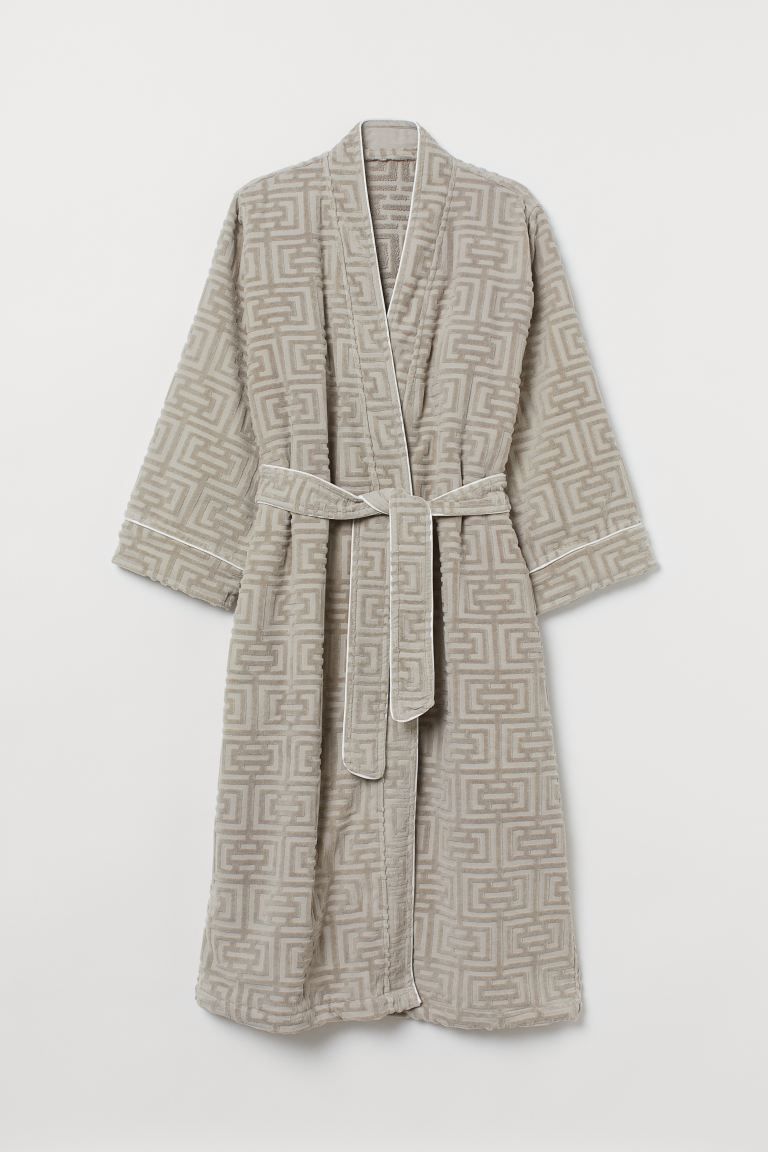 Jacquard-weave dressing gown in soft organic cotton with a satin trim. Long, wide sleeves, tie be... | H&M (US + CA)