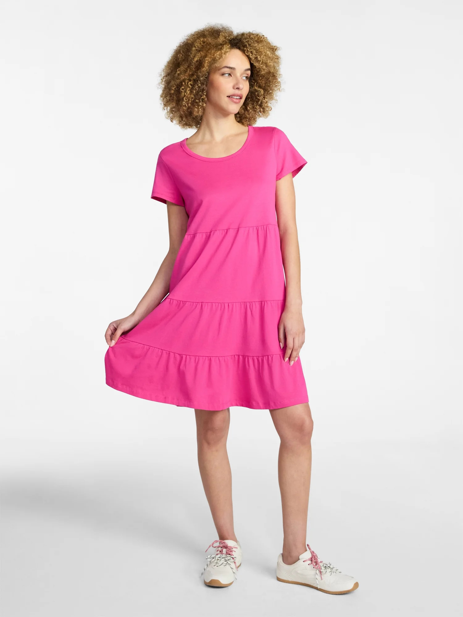 Time and Tru Women's Tiered Cotton Mini Dress with Short Sleeves, Sizes XS-XXXL | Walmart (US)