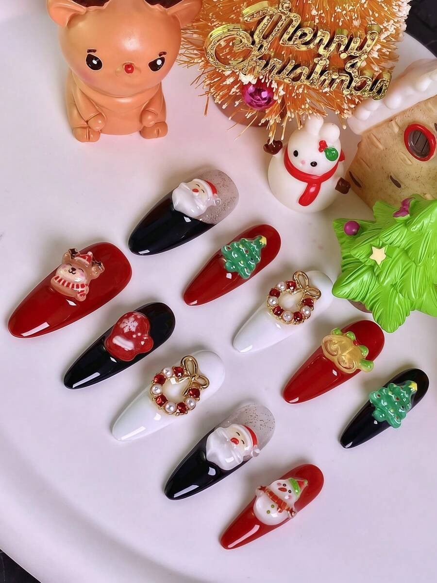 10PCS Women's Exclusive Christmas Press On Nails | Handmade 3D Santa Bow Bell Tree Gloves Almond ... | SHEIN