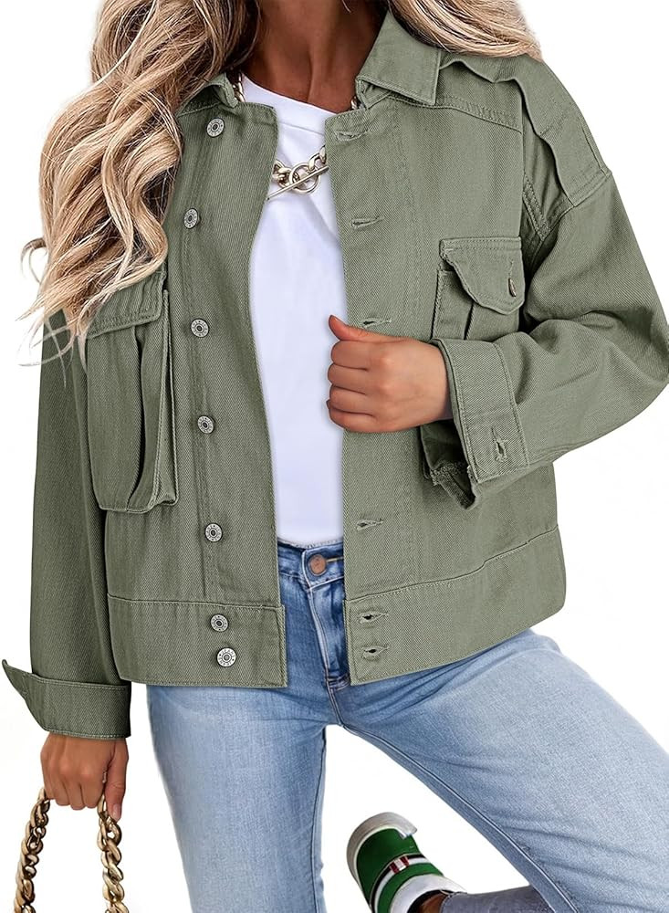 Dokotoo Women's Cargo Jean Jacket - Cropped Button Spring Fashion Coat for Women | Amazon (US)