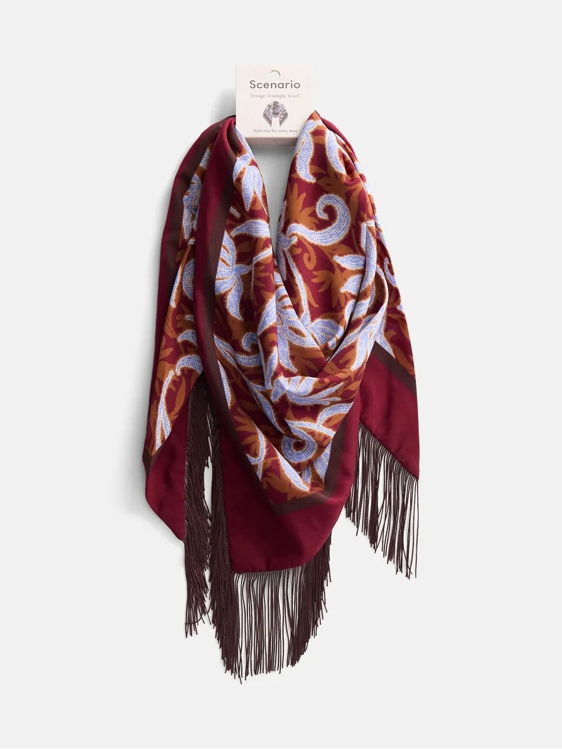 Scenario Women's Printed Fringe Triangle Scarf, Maroon | Walmart (US)
