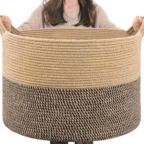 TIMEYARD Blanket Basket, Large Baskets for Storage, Toy Baskets Storage Kids, 21.7'' x 13.8'' Cotton Rope Basket for Living Room, Wicker Baskets for Organizing, 90L, Black & Jute | Amazon (US)