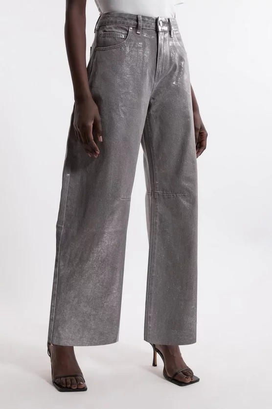 Denim Foiled Wide Leg Jeans | Karen Millen | Karen Millen UK + IE + DE + NL