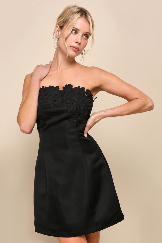 Unforgettable Icon Black Satin Strapless Floral Mini Dress | Lulus
