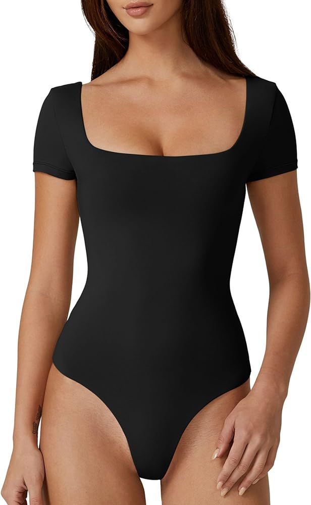 QINSEN Women's Square Neck Short Sleeve Double-Layer Bodysuit Fashion T-Shirt Tops | Amazon (US)