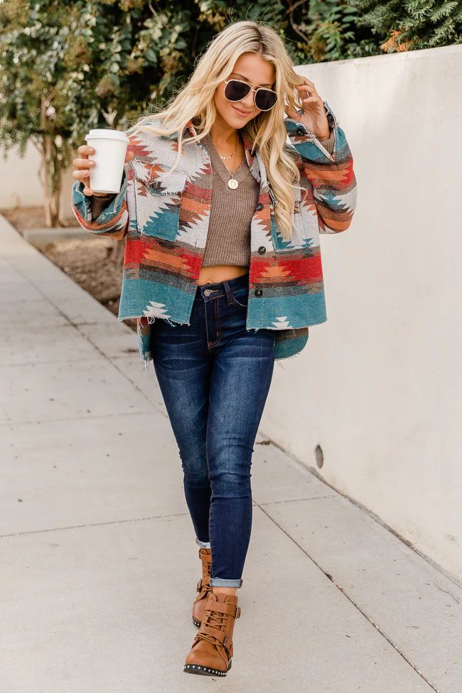 Only Beliefs Teal Southwestern Print Jacket | The Pink Lily Boutique