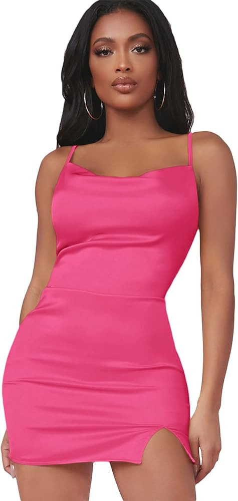 Verdusa Women's Split Hem Cowl Neck Spaghetti Strap Satin Cami Bodycon Mini Dress | Amazon (US)