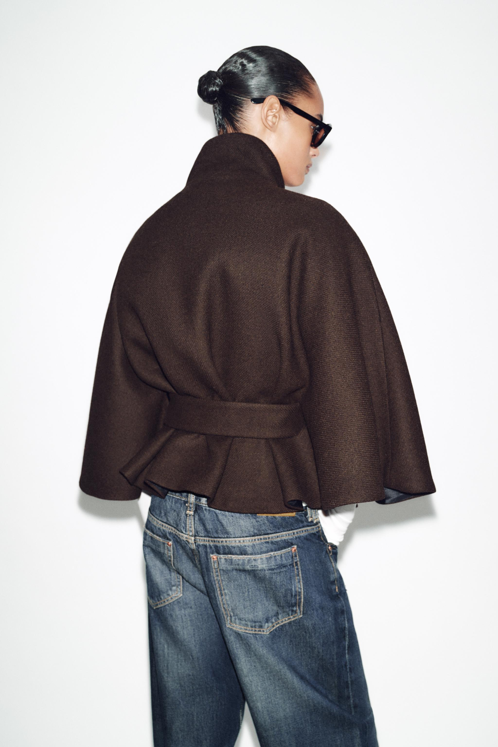 CROPPED WOOL CAPE COAT WITH BELT | Zara UK