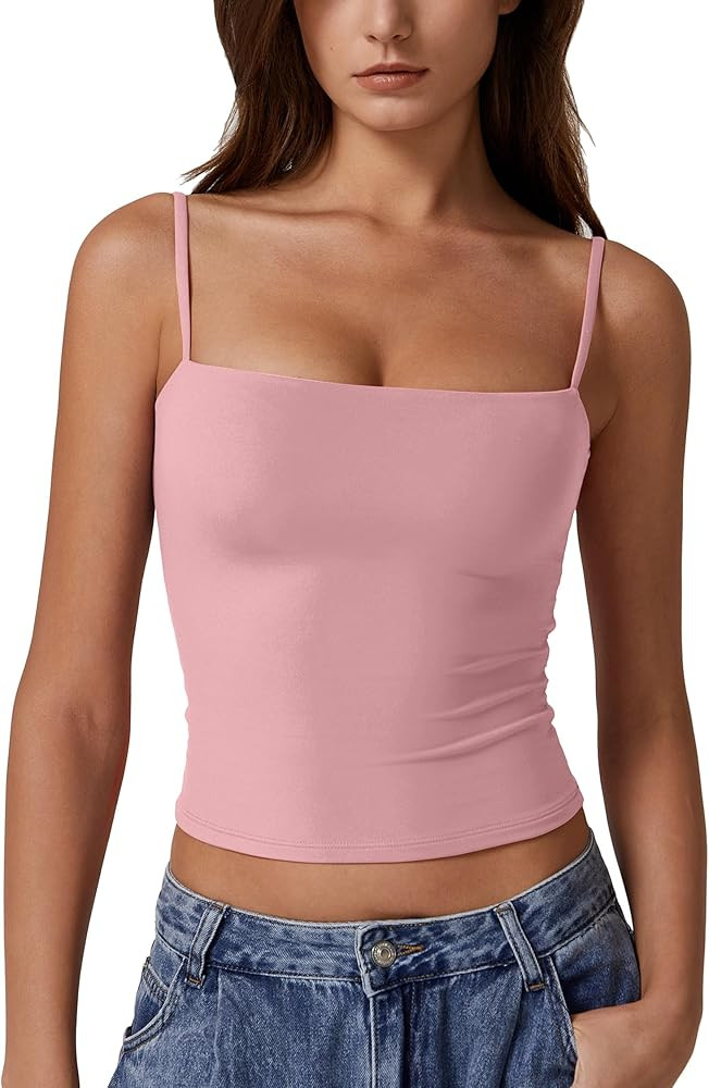 QINSEN Women's Double Lined Basic Tank Top Adjustable Spaghetti Straps Sleeveless Camisole Shirts | Amazon (US)