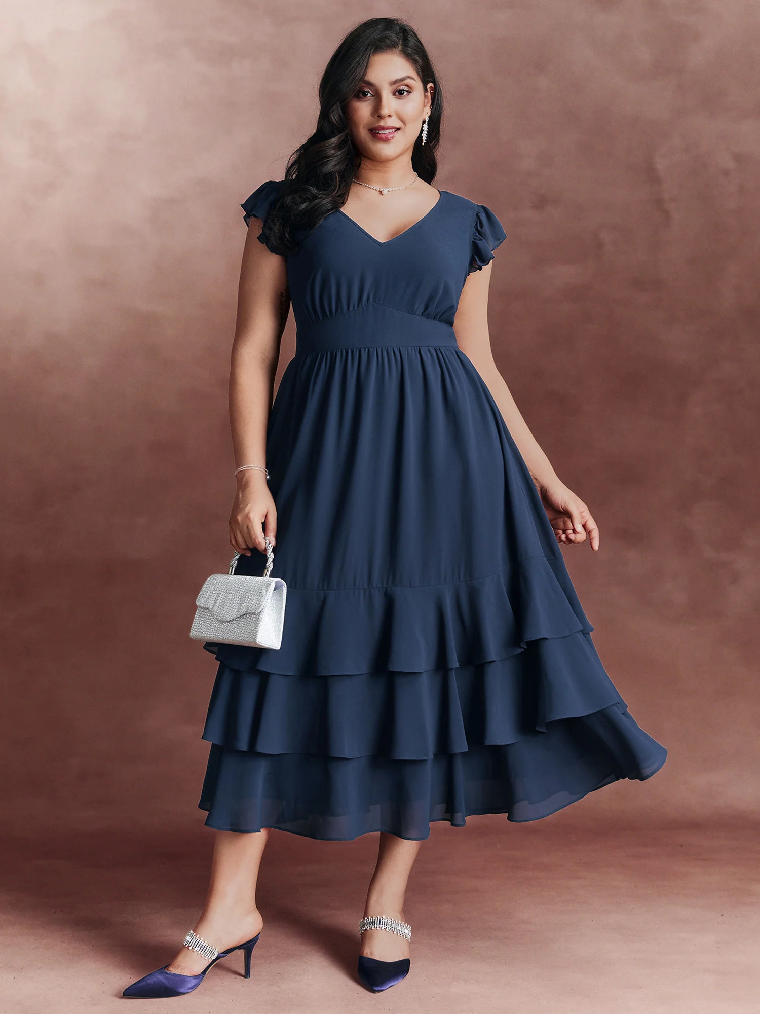 Backless Tie Layered Hem Flutter Sleeve Midi Dress | Bloomchic