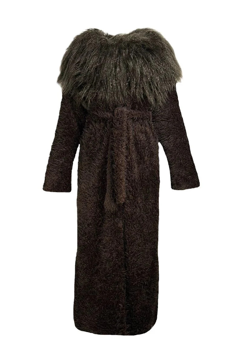 FAUX FUR MAXI COAT WITH FLARED SLEEVES IN BROWN | Fortini | CULT MIA | CULT MIA UK LTD