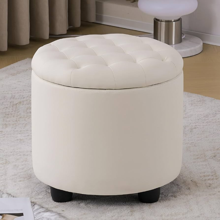 Furniliving Upholstered Button Tufted Round Ottoman, PU Storage Ottoman Round, Removable Lid Conv... | Amazon (US)