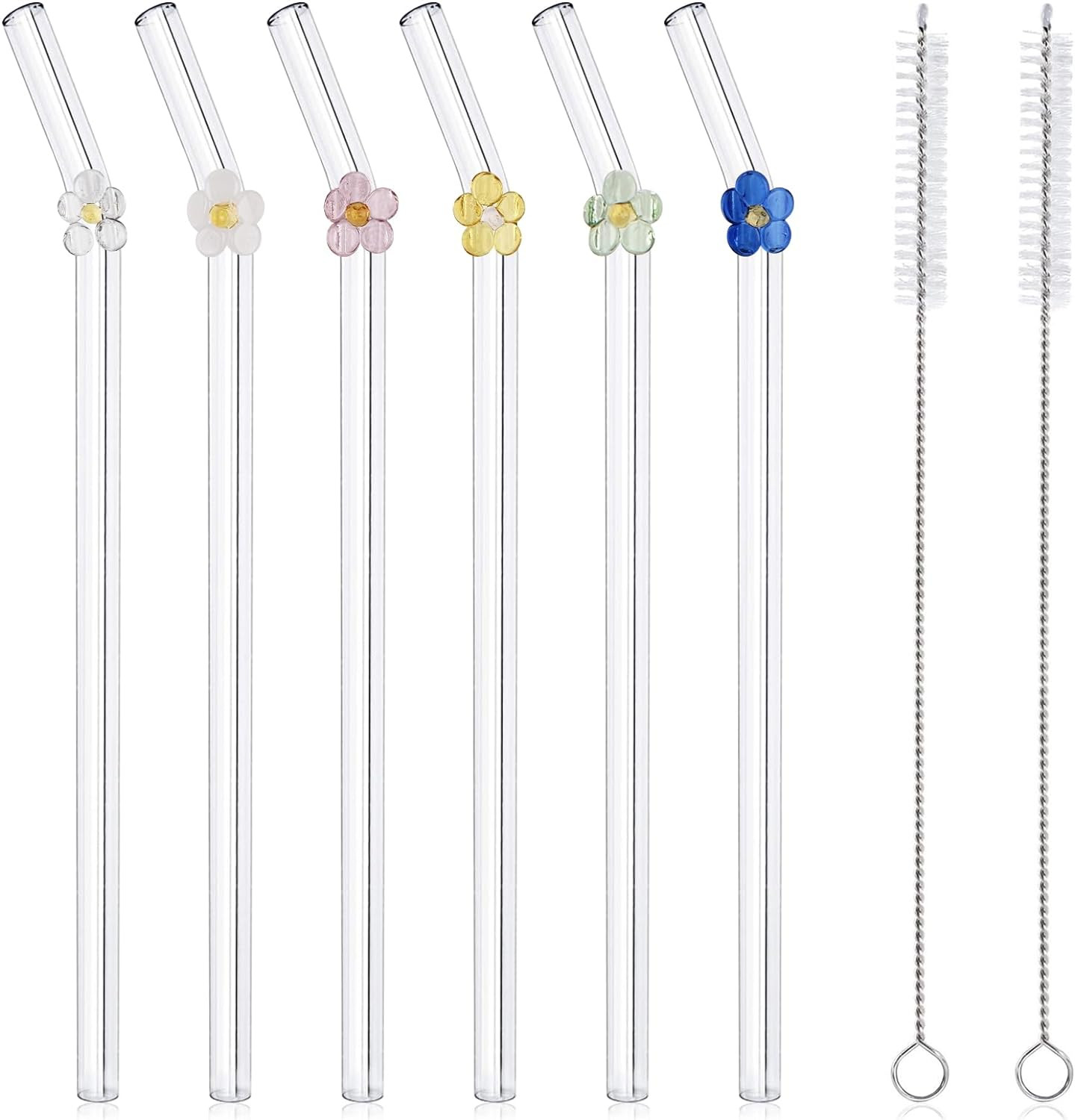 6 Pcs Reusable Glass Straws with 2 Cleaning Brushes, Cute Colorful Flower Glass Straw Shatter Res... | Amazon (US)
