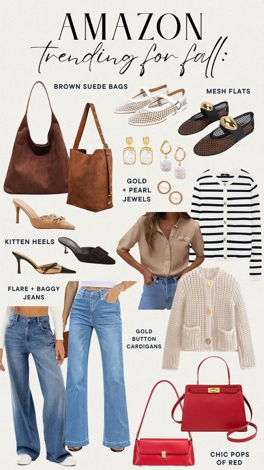 Fall style trends I’m loving! 

#falltrends

Fall trends. Fall fashion trend. Trendy fashion finds. Amazon finds. Amazon fashion. Amazon brown suede bucket bag. Amazon kitten heels. Amazon wide leg jeans. Amazon flare jeans. Amazon lady cardigan. Amazon gold button cardigan. Amazon gold pearl jewelry. Amazon mesh ballet flats. Amazon red designer inspired handbag  

#LTKFindsUnder50 #LTKSeasonal #LTKStyleTip