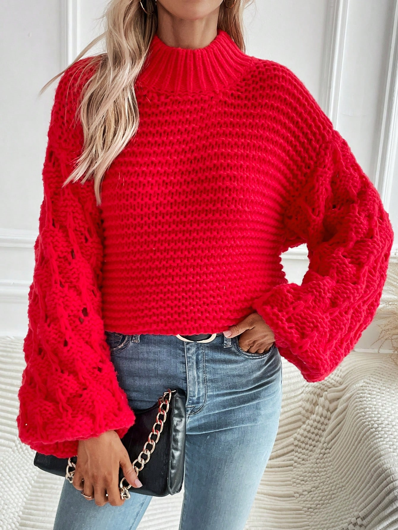 SHEIN LUNE Mock Neck Drop Shoulder Lantern Sleeve Sweater | SHEIN