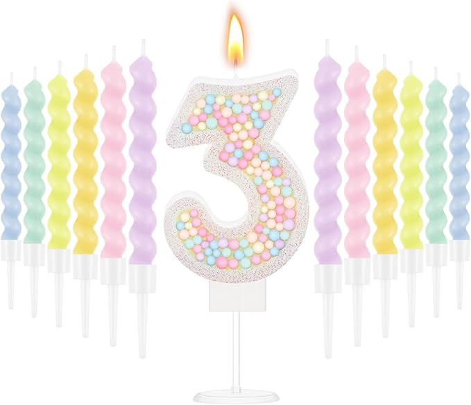 MTLEE Number 3 Birthday Candle with 12 Pcs Spiral Candles for Girls Macaron Pastel Rainbow Unicor... | Amazon (US)