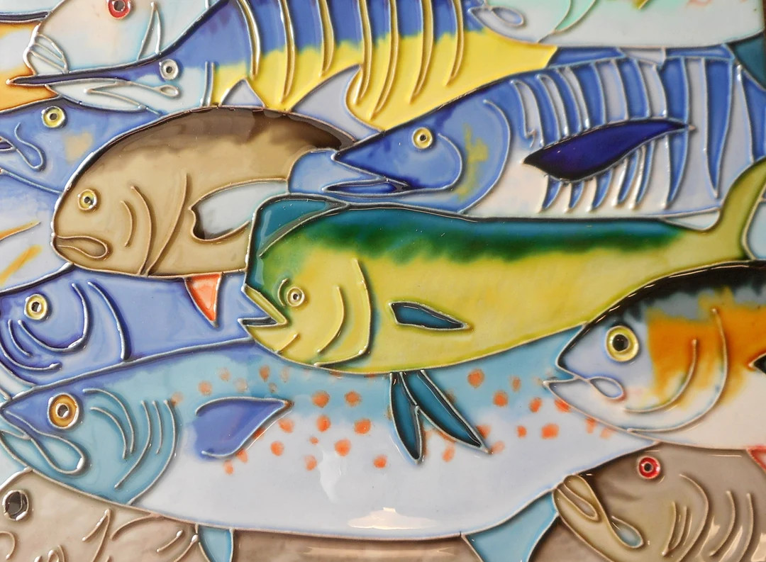 Fishes hand painted ceramic art tile 11 x 14 inches with felt back and hooks | Etsy (Global)