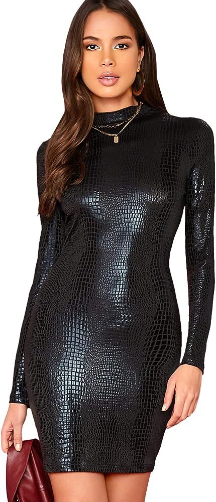 Romwe Women's Elegant Long Sleeve Crocodile Print Mock Neck Slim Fit Party Bodycon Mini Dress | Amazon (US)